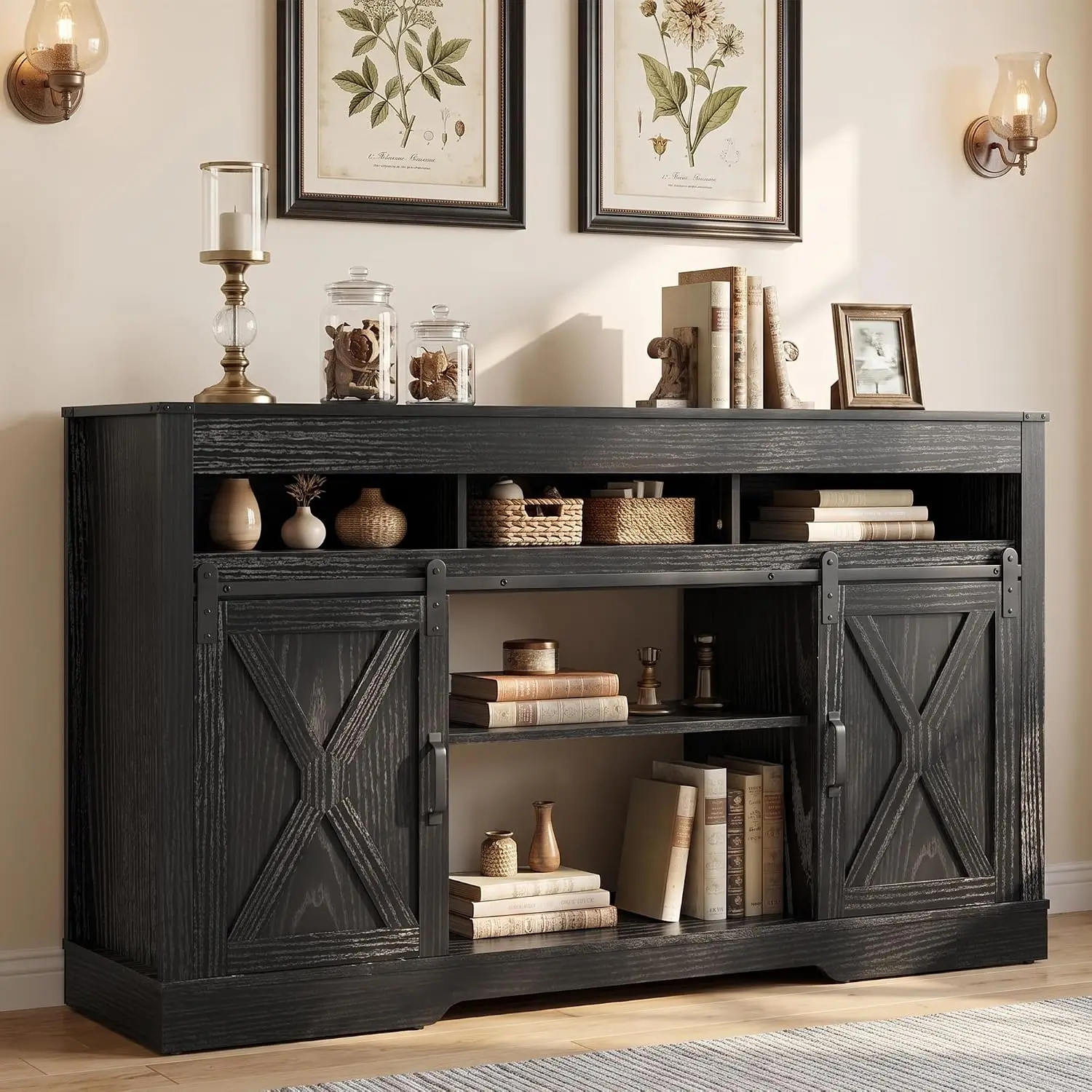 TV Stand for 65+ Inch,Tall Entertainment Center with Sliding Barn Doors, Storage Cabinets, Mid-Century Modern Media Console
