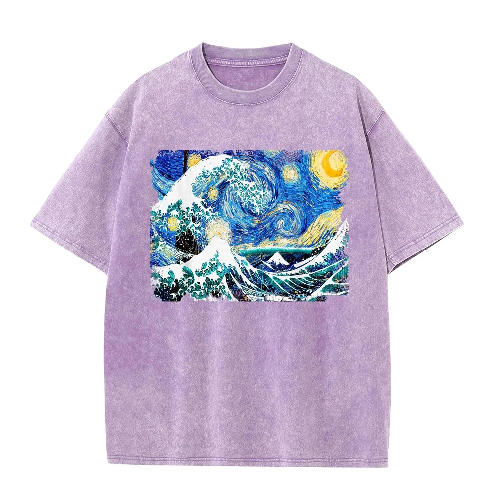 Starry Night and Great Wave Van Gogh Art Painting T Shirt T-Shirt 반팔티 Regular Casual Printed Summer Cotton Graphic Tee Short