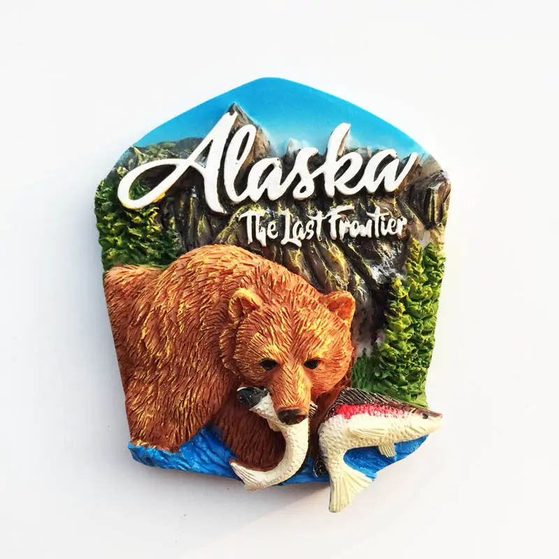 Alaska Creative Tourism Memorial Decorative Crafts, Three-dimensional Brown Bear Catching Salmon Magnetic Refrigerator Sticker