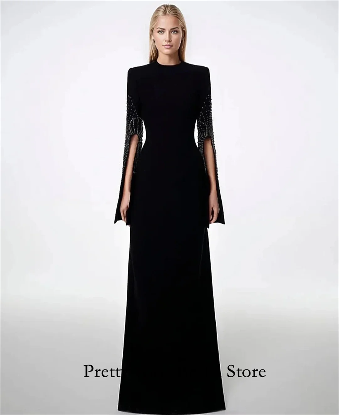 Arabic Morden Style Modest Vintage Black Evening Dresses With Beaded Sleeves Customized Formal Prom Growns Party Women Bride