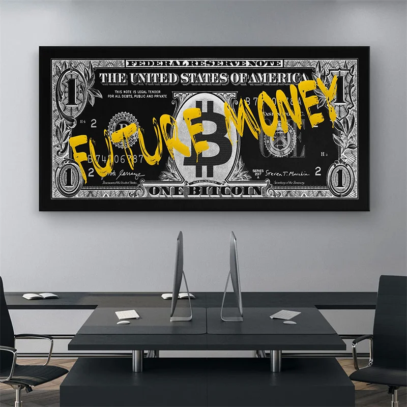 Motivational Money Wall Art Painting Money Never Sleeps and Future Money Gold Text on Bitcoin Dollars Canvas Posters Home Decor