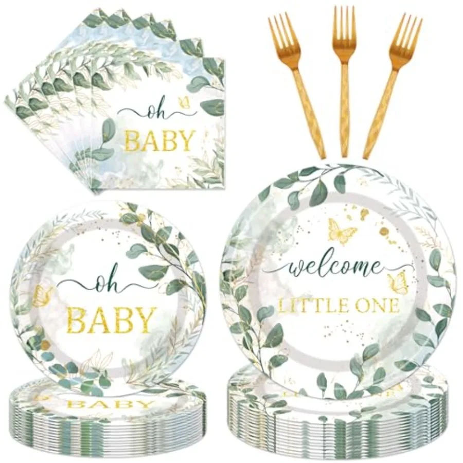 Raciones Green Baby Sower - 96 Platos y Servilletas, Artículos para Fiestas, Bienvenido Pequeño, Set de Vajilla Green Baby Sower