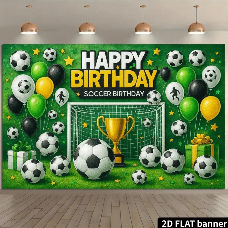 Soccer Birthday Party Goal Net Trophy Ball Balloons Green Field Celebration Banner Tapestry for Kids Sports Fan Gift Decoration