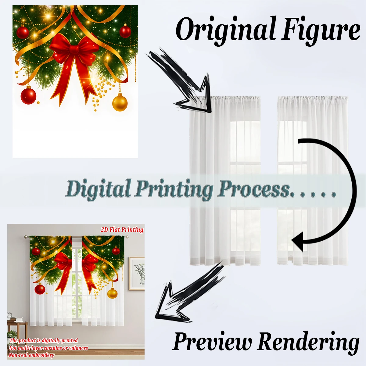 Tenda trasparente da cucina con stampa piatta natalizia con ramo di pino con fiocco a sfera di buon Natale per feste di decorazioni per la casa di Natale