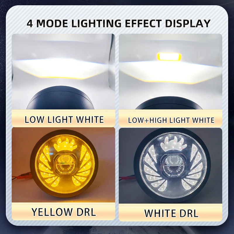 1PCS 5.75 Inch Universal Round LED Motorcycle Headlight with Projector Halo Ring H4 White/Yellow DRL Waterproof 12V Plug & Play