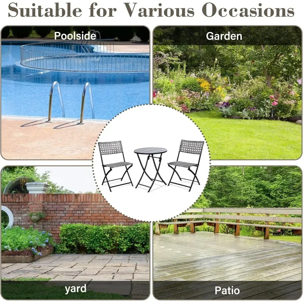 3 Pc 3 Piece Folding Outdoor Bistro, Wicker Furniture Table and Chairs for Garden, Backyard, Porch, Patio Conversation Set