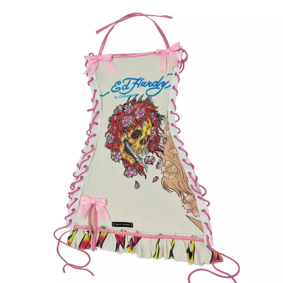 Faionable Retro loween Skeleton Print Oil Painting Off-oulder Dstring Strap Dr Long Mid-Calf Vest Top Dr