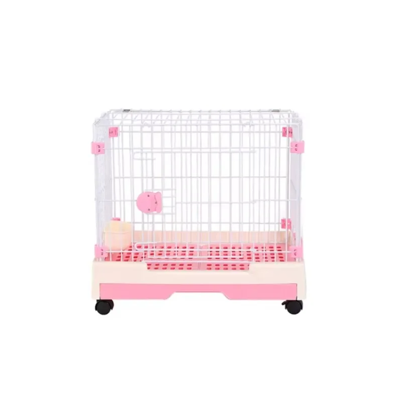 Pink/orange/brown/green wire dog cage pointing roof