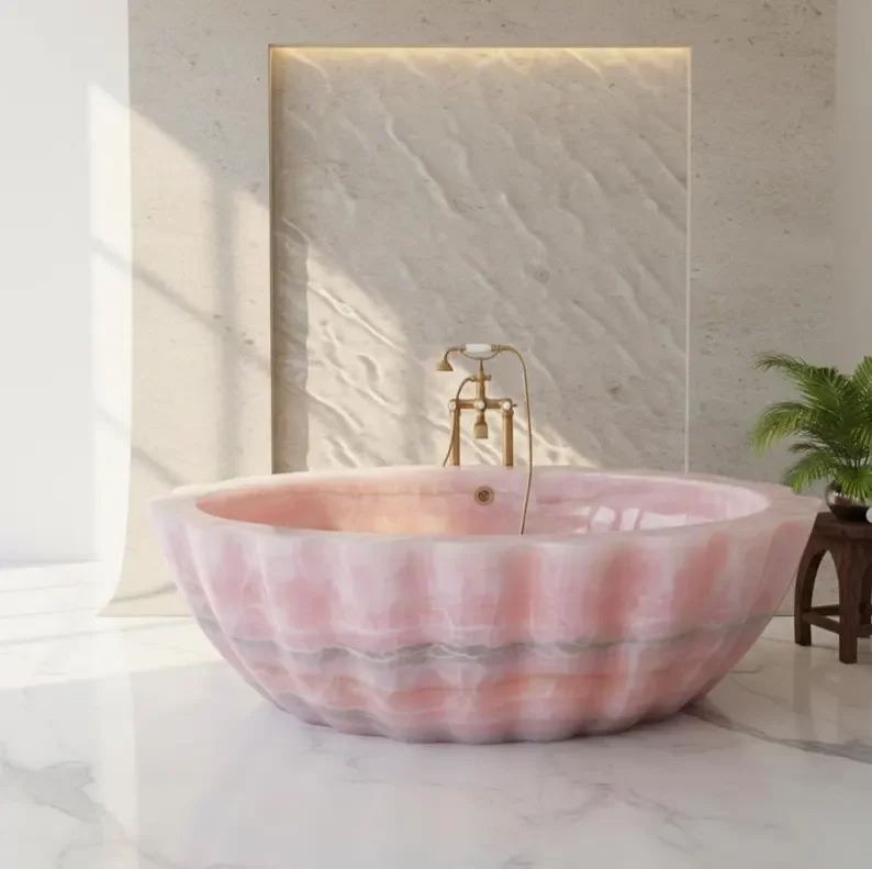 Customizable Pink Onyx Marble Bathtub Freestanding Stone Tub for Handcrafted Luxury Bathroom Design