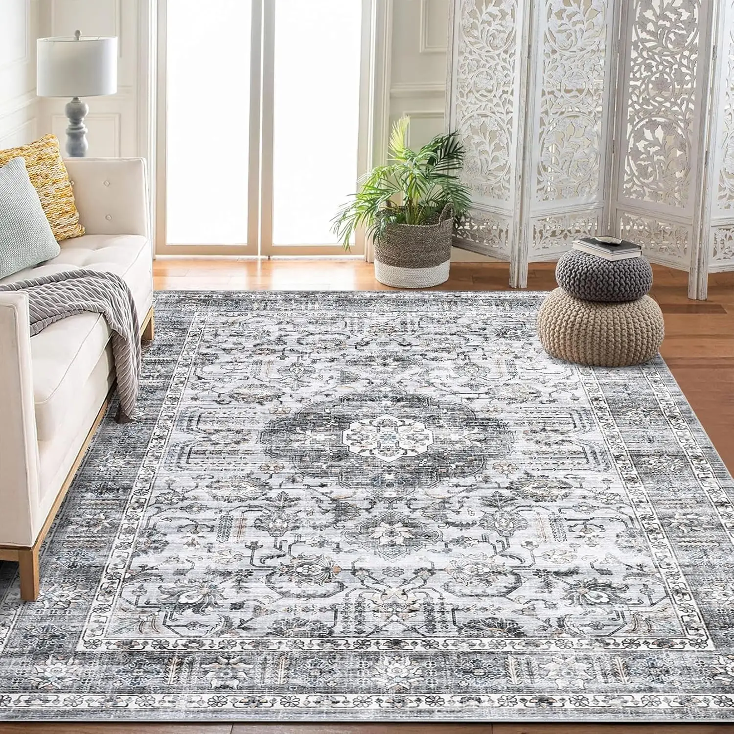 

Washable Rug 8x10ft Large Boho Vintage Area Rug Living Room Rug Non-Slip Area Rug for Living Room Bedroom Farmhouse Nursery