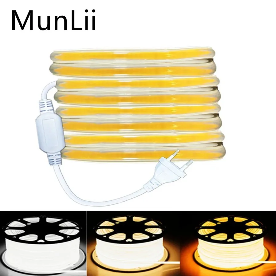 

220V COB LED Strip Light EU Power Plug IP67 Buckle fixation 3000K 4500K 6000K LED Ribbon Tape Flexible COB Linear Light Bar