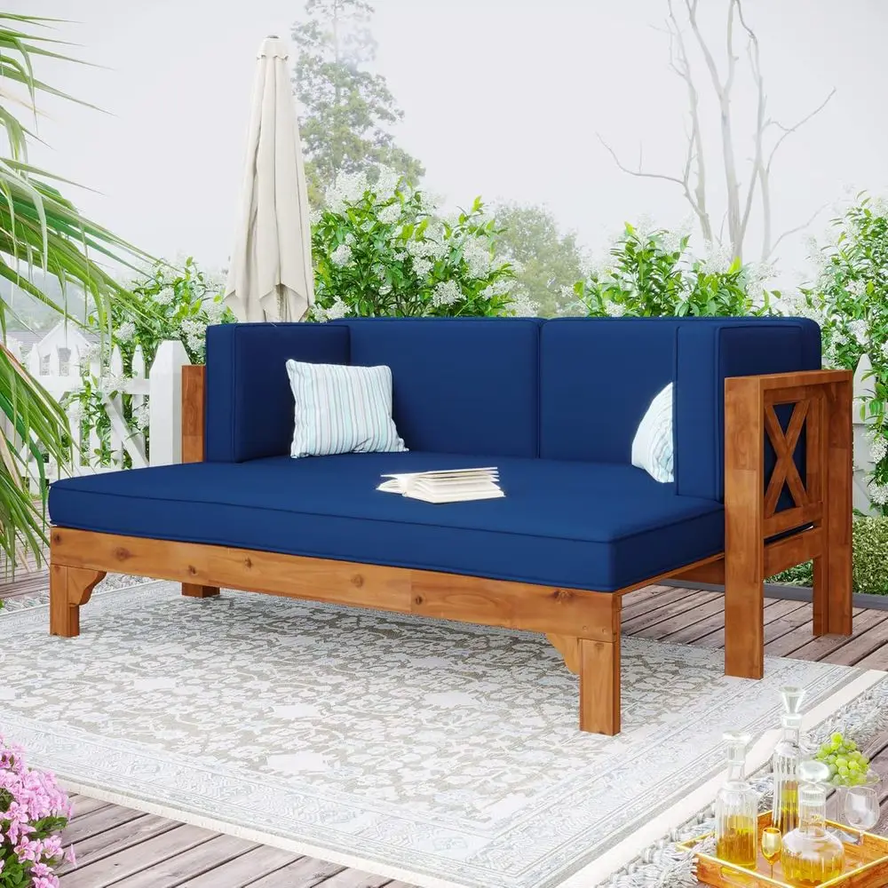 

Wooden Patio Exble Soa Set,Outdoor Daybed urniture Set with Thick Cushions,or Porch Lawn Garden Backyard Poolside Balcony (Blue#