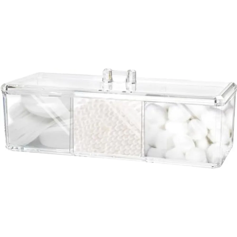 

Qtip Holder Dispenser for Cotton Balls, Swabs, Pads, Floss Picks, 3 Compartments Clear Acrylic Container Box with Lid for Bathr