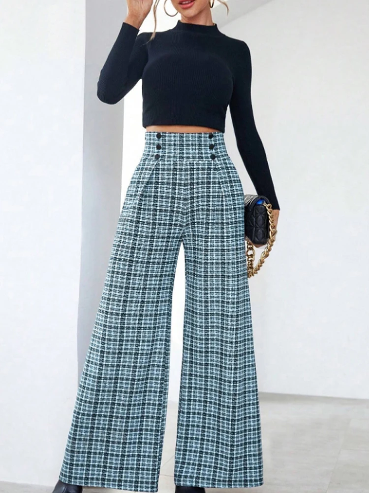 Pantaloni da completo con dettagli bottoni con stampa scozzese - Pantaloni classici a quadri, adatti per vestire professionali alla moda