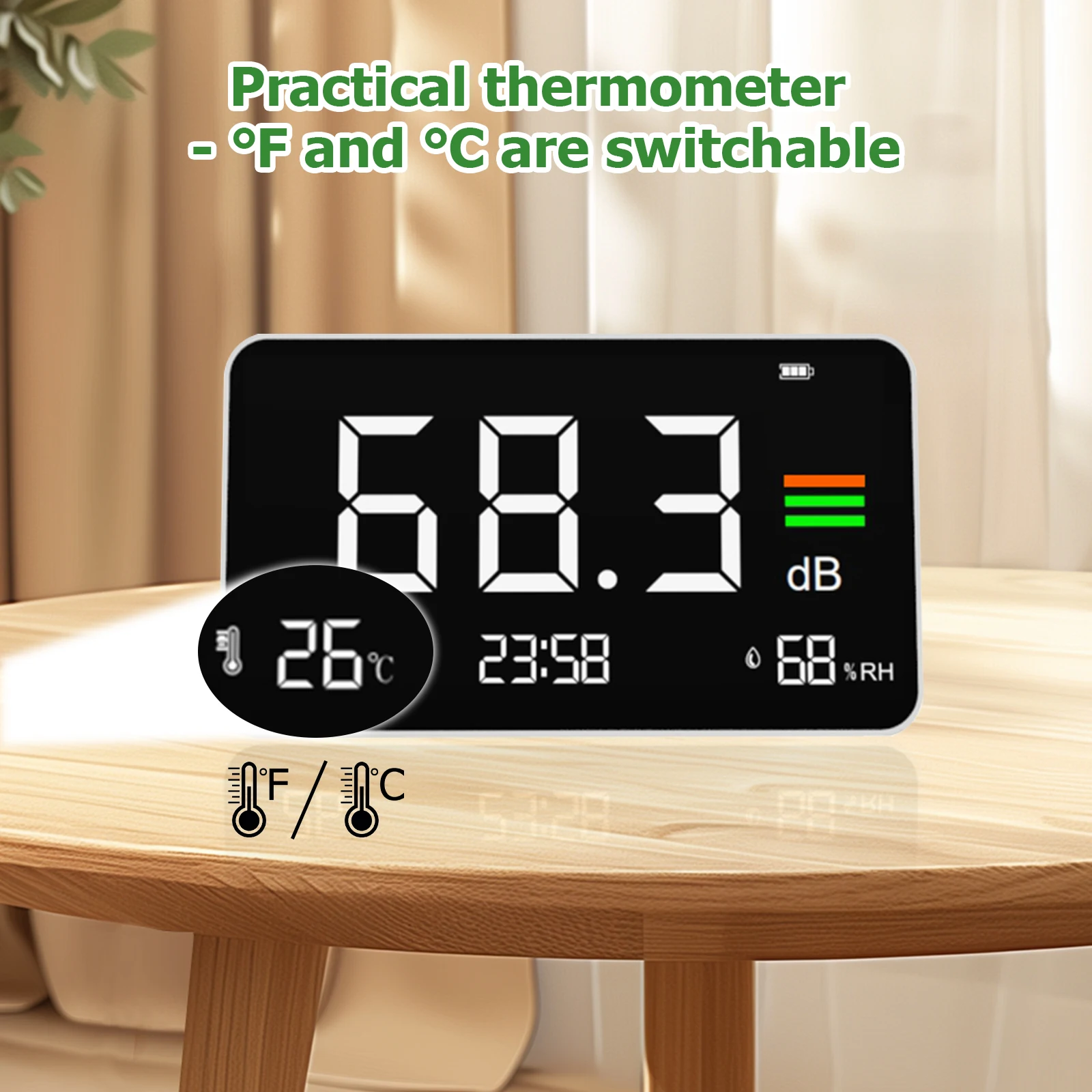 Decibel Meter with Switchable ℃/℉-Portable dB Meter, USB-C, Measures Temperature, Humidity, and Sound Levels