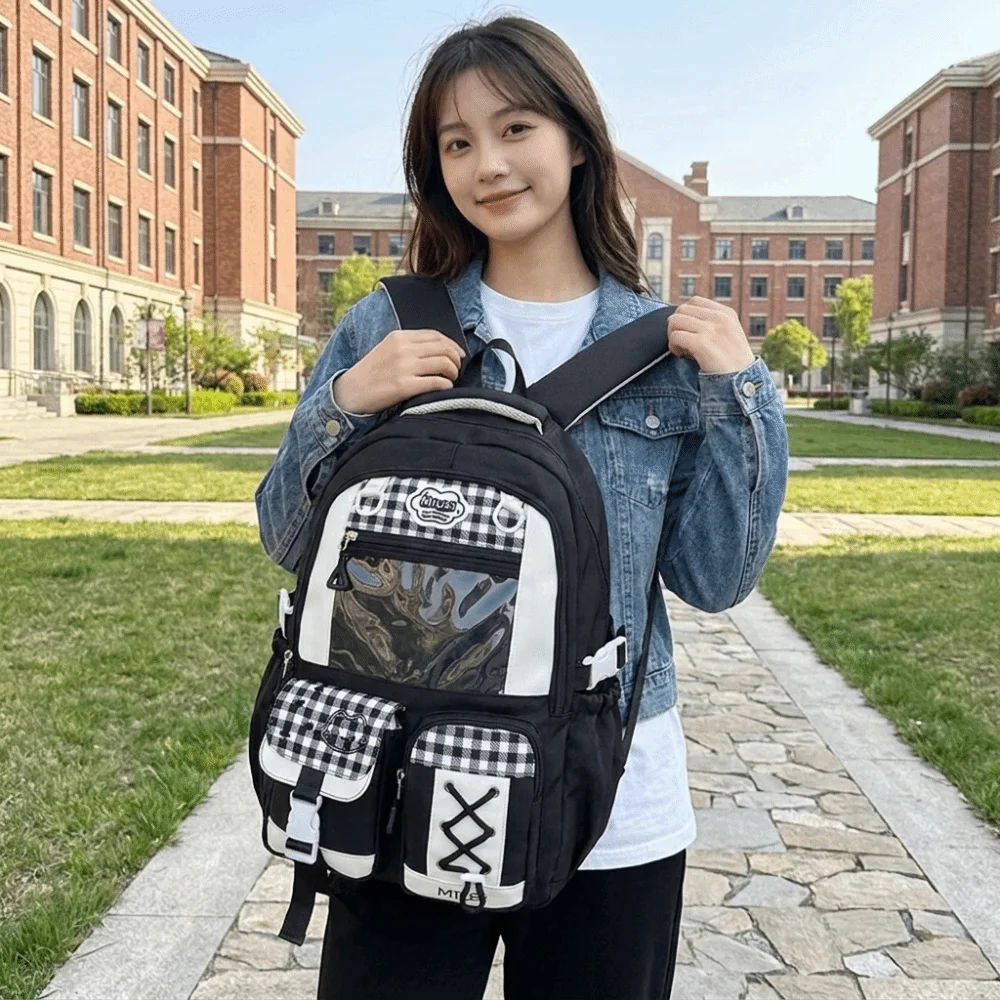 Preppy Style Multi-Compartment School Backpack Large Capacity Multi-Pocket Plaid Color Block Daypack Zipper Lightweight Rucksack