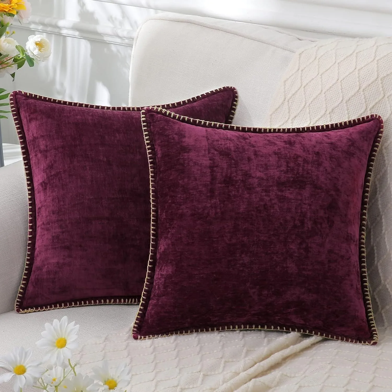 Red Throw Pillow Cases Cotton Thread Stitching Edges Solid Dyed Soft Chenille Cushion Covers for Couch Sofa Home 18 X 18Inch