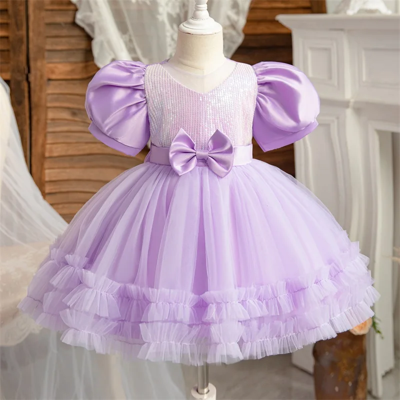 Toddler Girls Party Dresses Sequin Puff Sleeve Tulle Princess Dress Baby Birthday Party Gala Gown Flower Girl Dress for Wedding