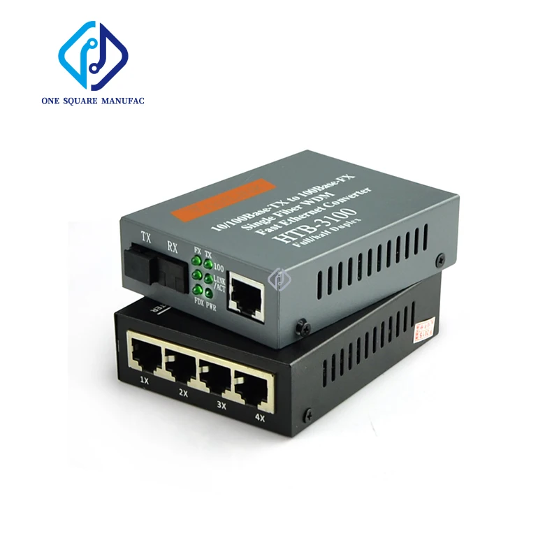 1 pair Optical Media Converter 4*RJ45 & 1*SC HTB-3100 10/100Mbps 25KM RJ45  Single-mode Single-Fiber