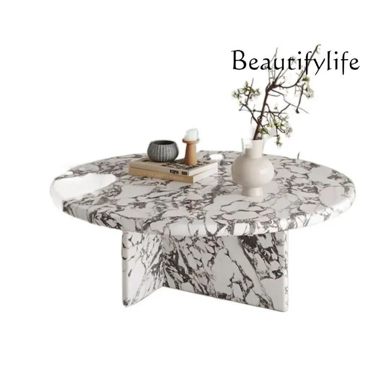 Mesa de centro de mármore natural estilo creme francês AL Y, tampo oval redondo italiano lacado e estrutura de aço inoxidável, resistente ao calor