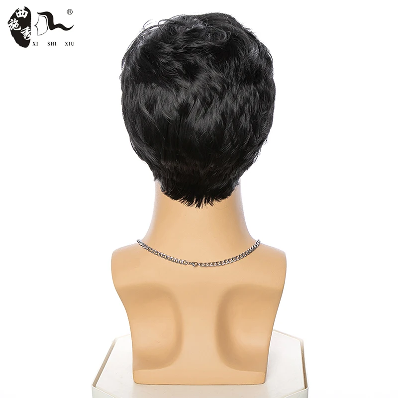 Short Straight Wave Hair Synthetic Wig With Bangs For Young Men Natural Black Brown Heat Resistant Fiber Pixie Cut Hair Male Wig