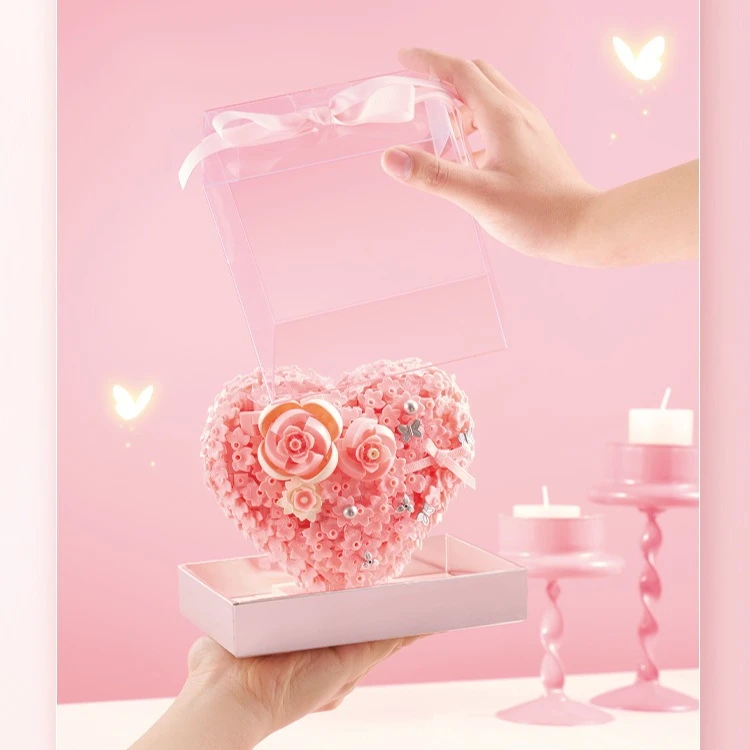 

Flower Bouquet Building Block Toy Heart Shape Pink Eternal Rose Blossoms DIY Assembly Bricks Home Decoration Toy for Girls Woman