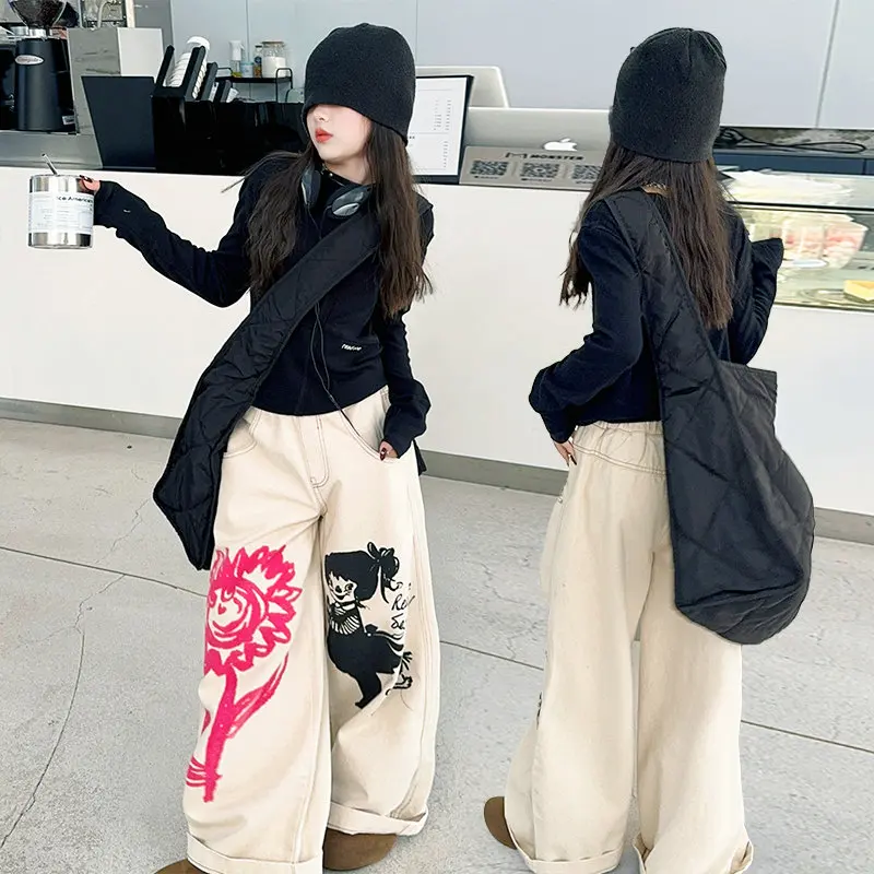 cotton Cartoon junior girls wide leg pants American graffiti printed loose trousers Design teenage kids clothes children wear 14