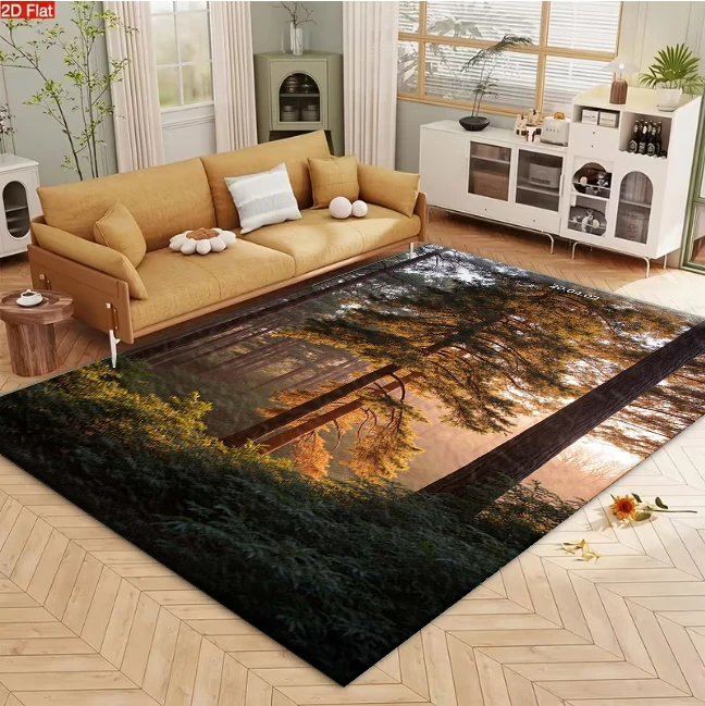 Sunlight Misty Pine Forest Carpet Flooring, Nature Woodland Scenery Non-Slip Floor Rug for Living Room Bedroom Home Decoration