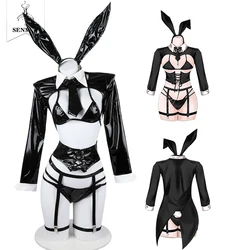 SENMHS disfraces de Cosplay de conejo de Anime para mujer, liguero gótico de diseño Original, lencería erótica de charol negro ahuecado