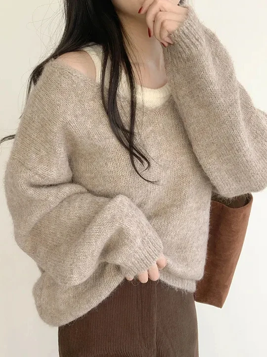 Conjunto de Suéter de Punto Suave y Acogedor con Hombros Descubiertos para Mujer, Conjunto de Dos Piezas Hoado, Moderno par...