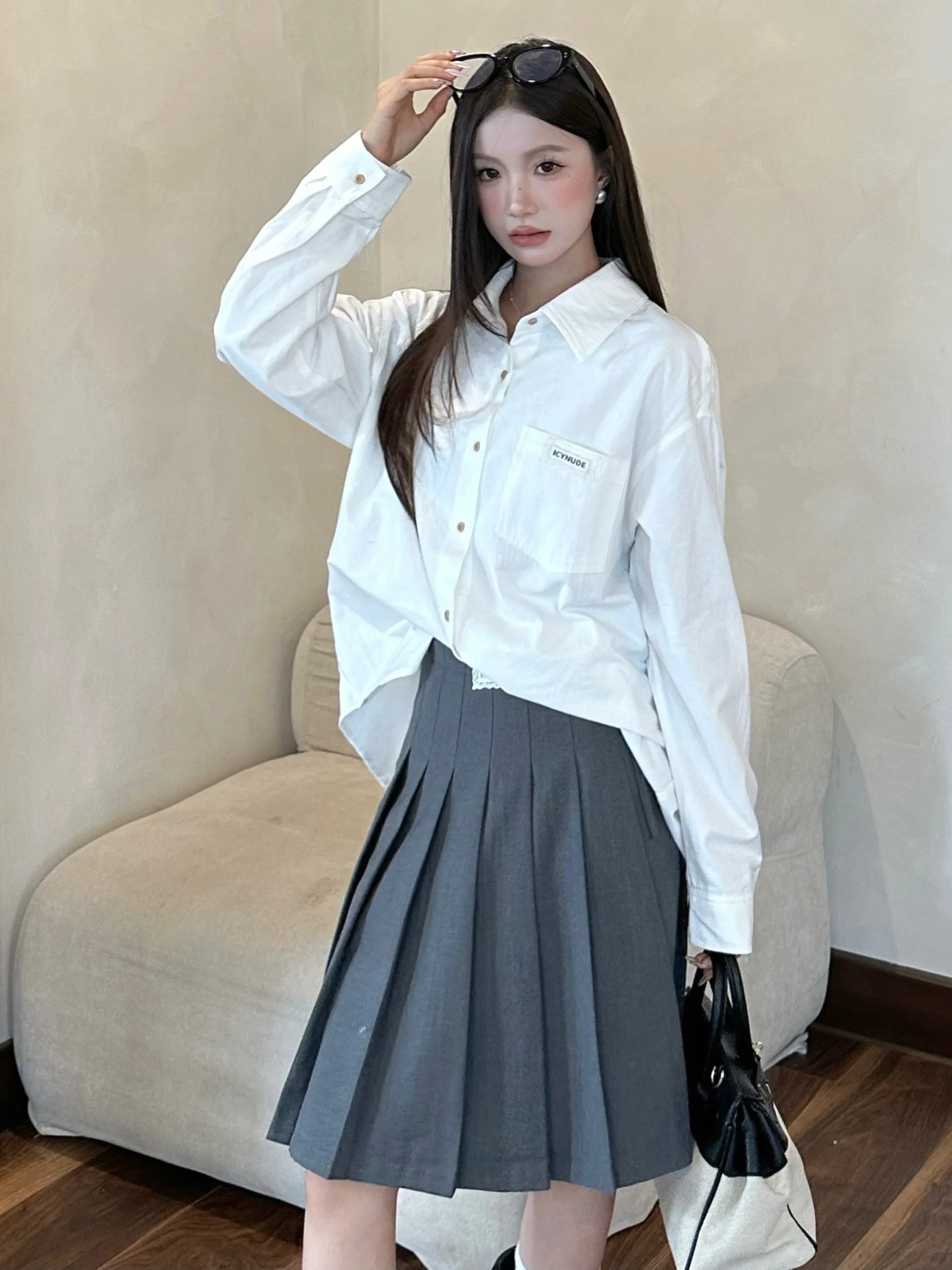 

Свободная женская блузка с длинным рукавом IcyNude Store, бежевая, модный топ, корейский стиль, повседневная, хлопковая, осенняя новинка