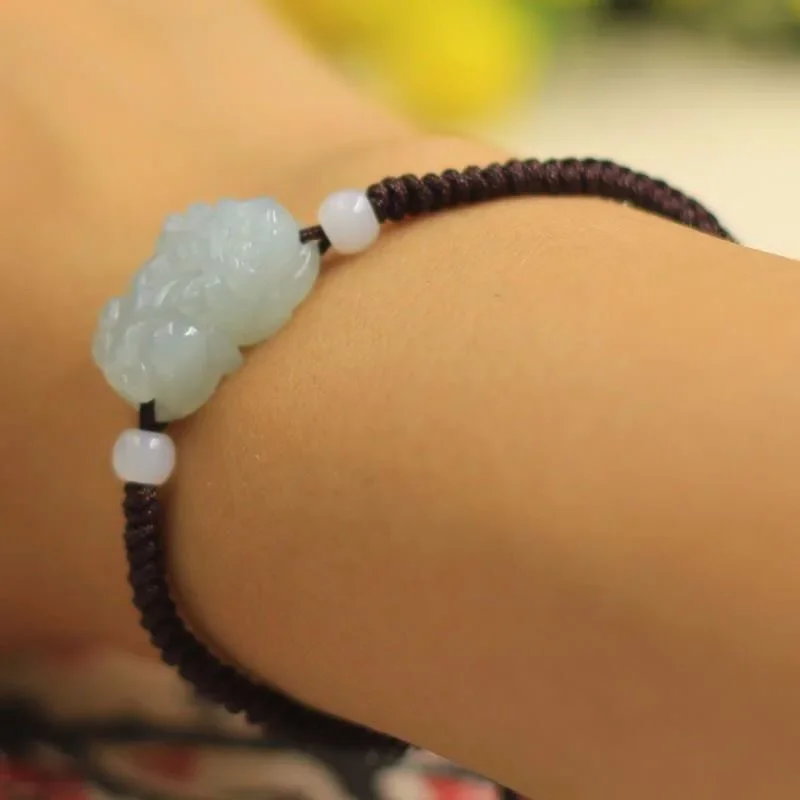 Customized Natural Jade Emerald Pixiu Bracelet Adjustable Bangle Jewellery Fashion Accessories Hand Knotting Woman Amulet