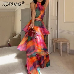 New Women's Halter Sleeveless Printed Evening Dress 2024 Female Party Maxi Dresses Elegant Spring Lady Causal Tierred Long Dress