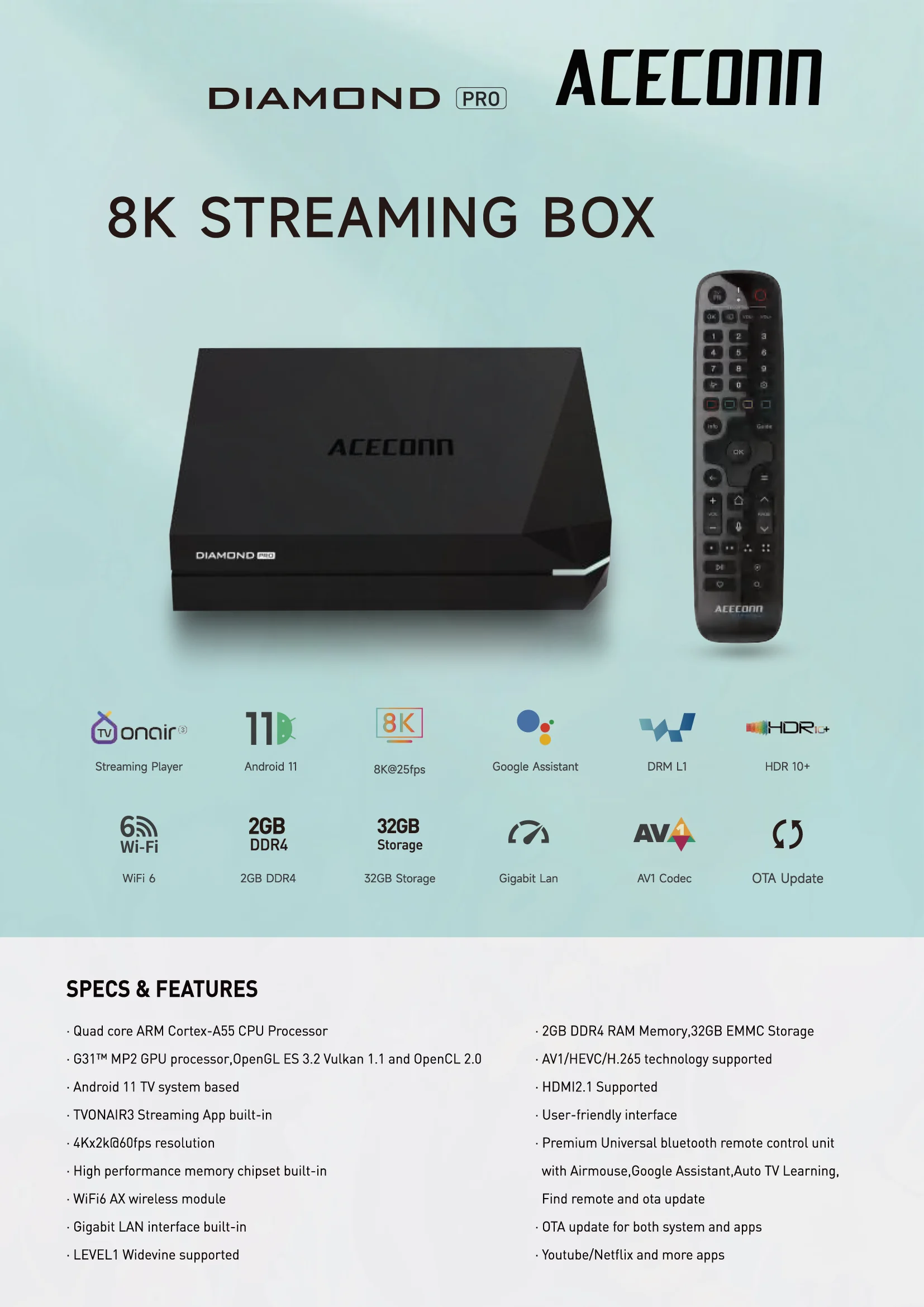 ACECONN Diamond-Pro TV Box IPTV 2GB+32GB Dual band WiFi 6 Bluetooth Voice Remote Control Backlight Button HD 4K