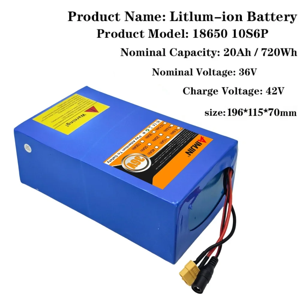 New 36V 20AH 10s6p Li-ion Battery Pack 20000mAh 1500W Electric Scooter and Bike Battery with Built-in 50A BMS + Charger
