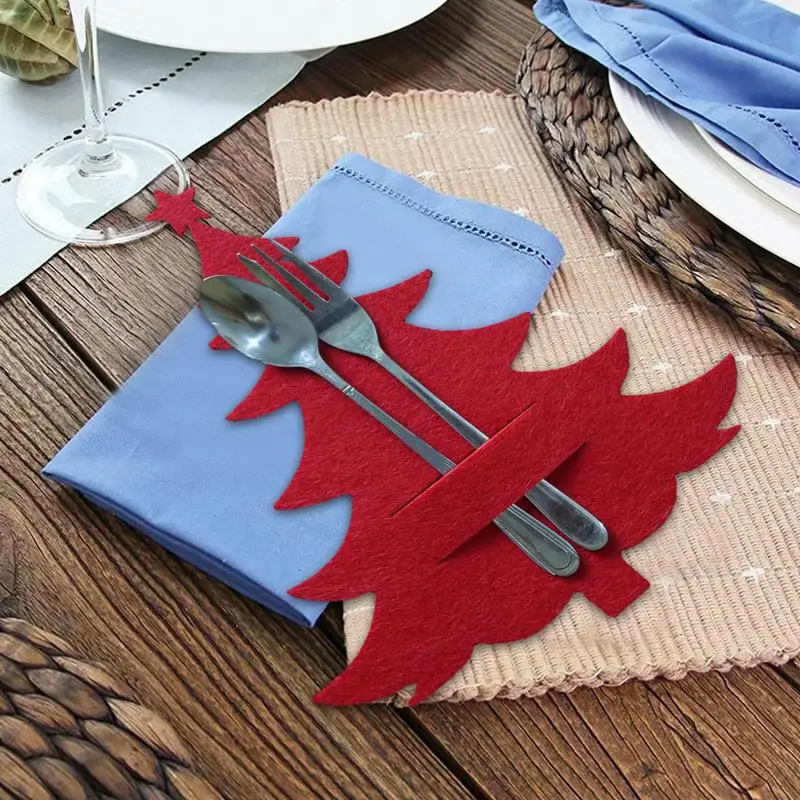 4pcs Christmas Tree Pocket Fork Knife Cutlery Holder Xmas Tree Cutlery Bag Christmas Ornament Home Tableware Table Decor