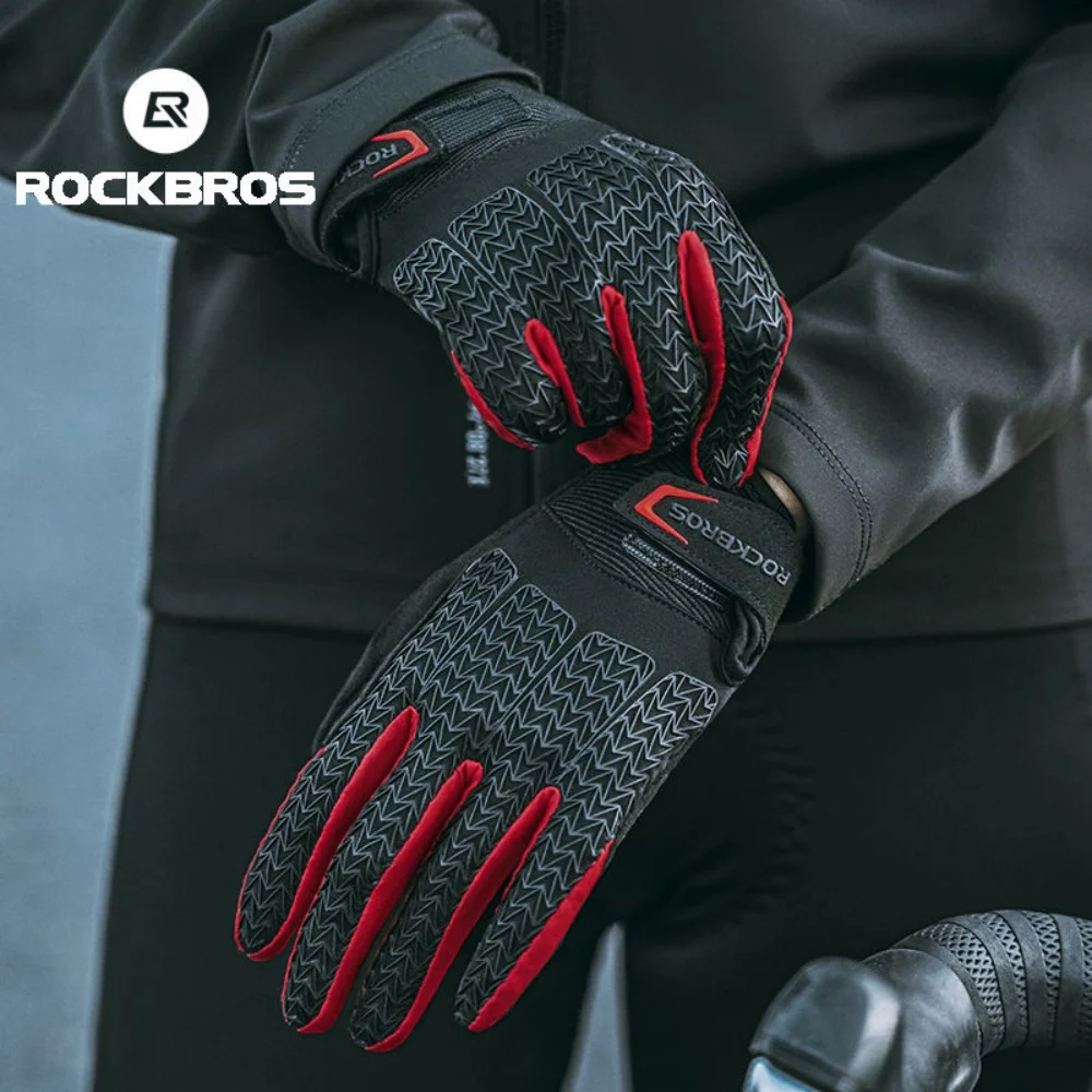 ROCKBROS Full Finger Bicycle Gloves Cycling Equipment GET Liquid Silicone Palm Rest Windproof Touch Screen Non-slip Gloves 