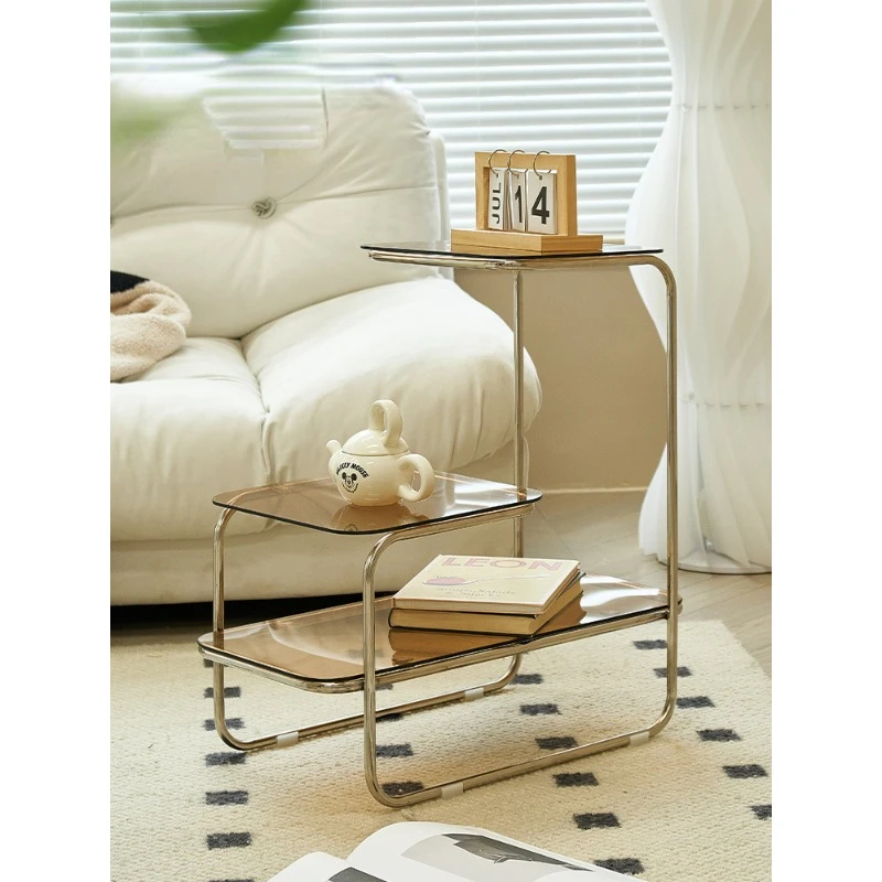 light luxury, simple glass side table, Nordic home living room shelf, small apartment multi-storey modern coffee table