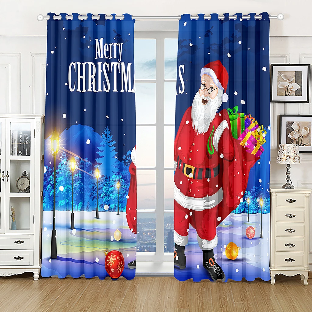 Cartoon Christmas Happy New Year Star Red Ball Kids Window Curtains Blinds for Living Room Bedroom Kitchen Door Home Decor 2Pcs