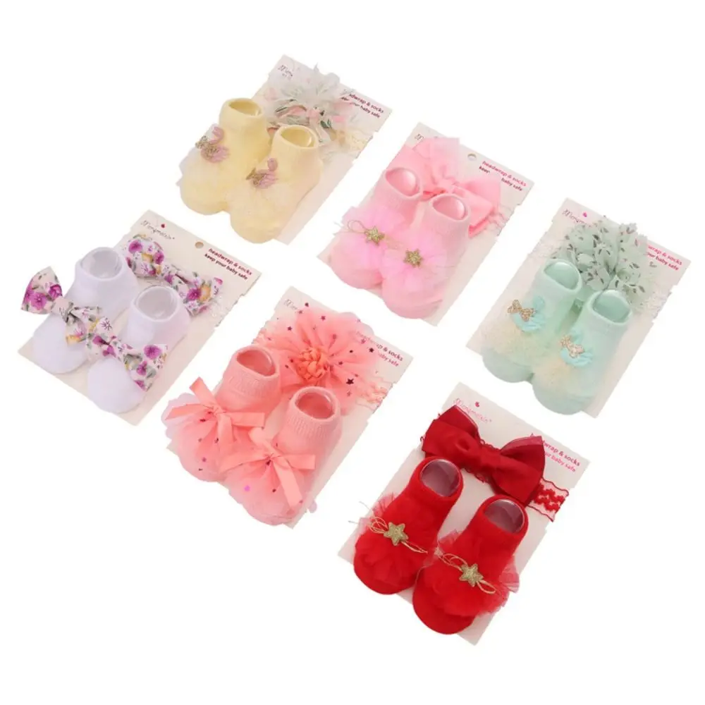 New Floral Lace Baby Socks Set Tulle Cotton Blend Baby Headband Set Soft Stretch Bow Decor Infant Socks Set Photo Props