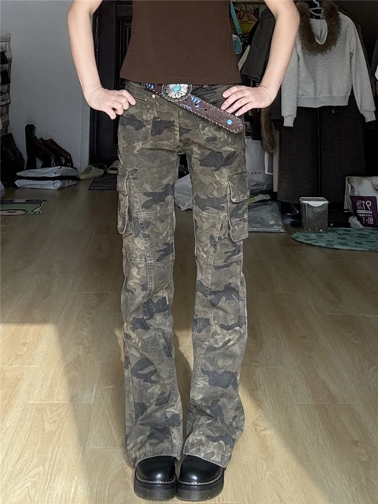 

American Retro Low Waist Sexy Camouflage Workwear Jeans Women's Slimming Tall Extended Casual Pants Loose Fit Spring Fashion