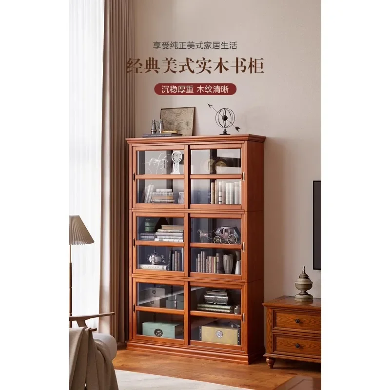 American solid wood bookcase with glass door dustproof household retro display cabinet living room floor sliding door bookshelf - view 6