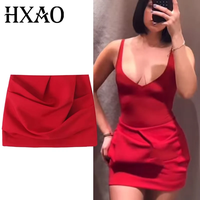 HXAORuffled Short Skirts For Women New Red Mini Skirt Fashion Woman 2025 Summer Tight Pleated Skirt High Waist A-Line Skirt 088