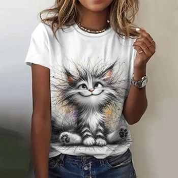 女性の Tシャツ猫プリントカジュアル半袖 3d Tシャツファッションストリートクルーネックプルオーバー夏の女性の特大服