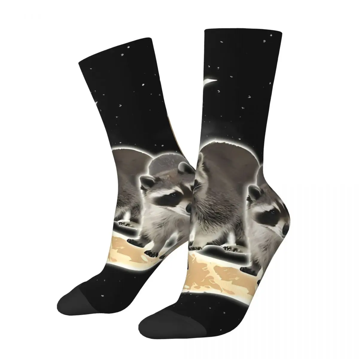 Funny Men's Socks Love To The Moon Vintage Raccoon Street Style Seamless Crew Sock Gift Pattern Printed