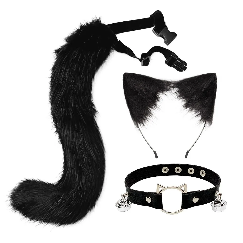 ZOETOPKID Furry Anime Animal Fur Fox Tail Cat Collar Gloves and Ears Headwear Face Mask Cosplay Costume 3pcs Set Halloween Props