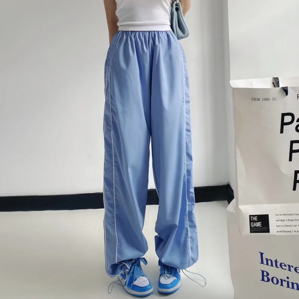 Retro Cargo Pants Side Stripes Elastic Waist Wide Leg Loose Summer Trousers for American Women