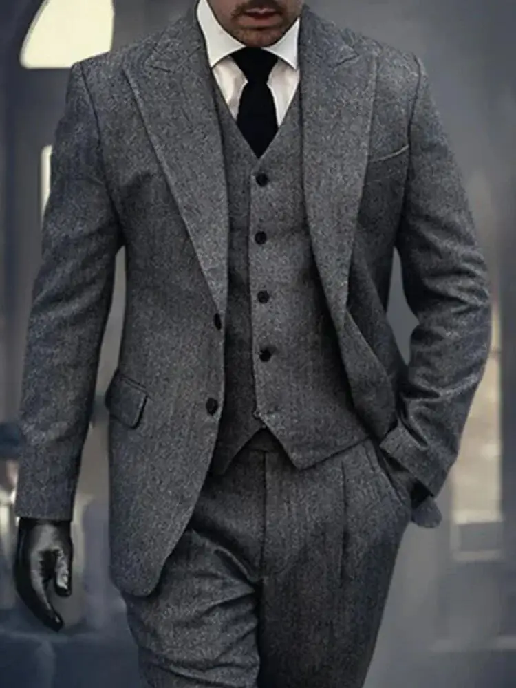 Elegant 3pcs Men's Tweed Suits Wool Blend Herringbone Western Vintage Wedding Formal Business Suits Set (Jacket+Vest+Pants)