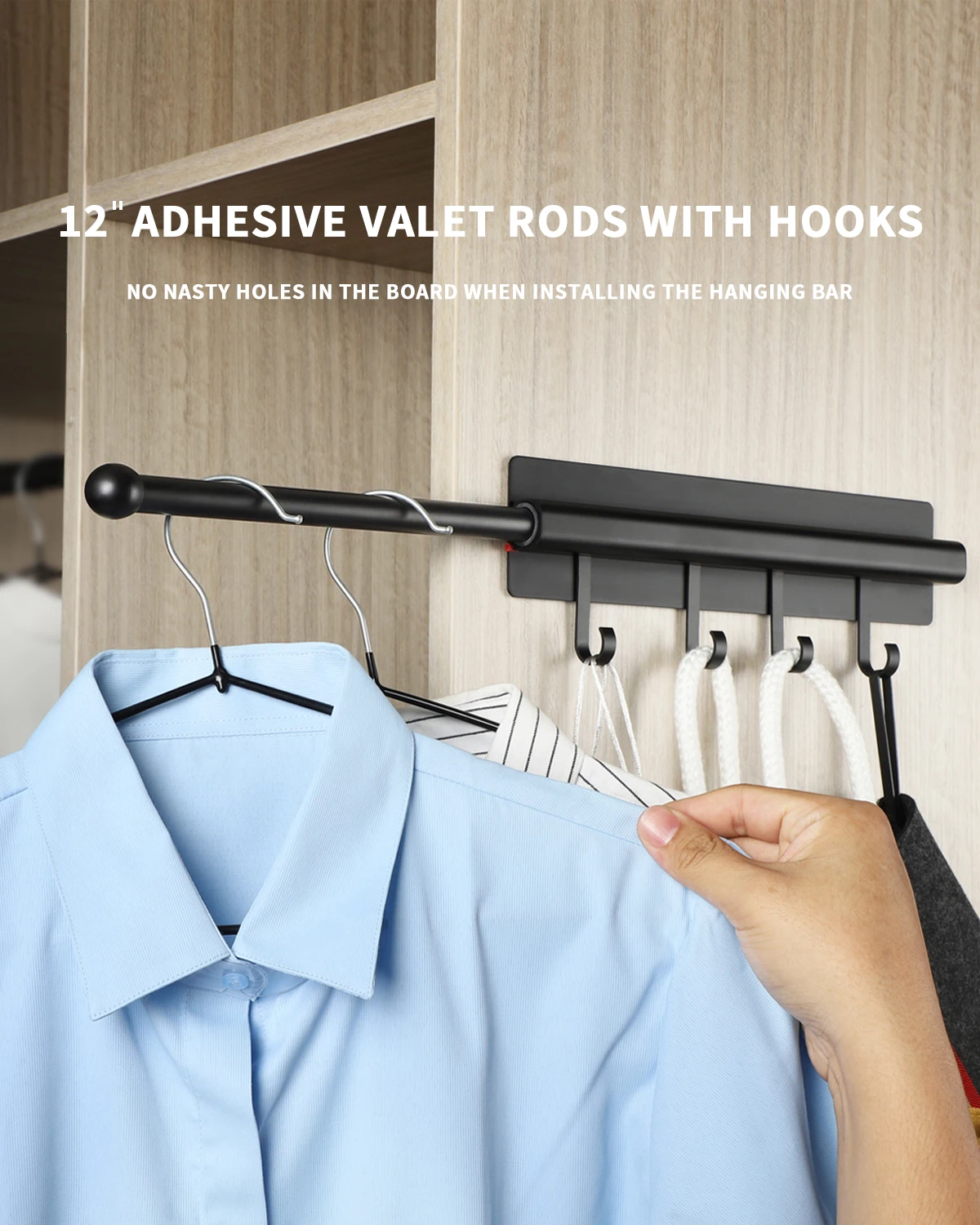 BaiNong Adhesive Valet Rods for Closets Black Closet Valet Rod with Hooks 12 inch valet rod for closet pull out Valet Rods