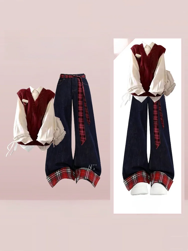 Koreanische College Sle Winter Künstlerische Weste irt Jeans Alter Reduktion Ganze Set ular Faion Ensemble Hohe Taille Lange Hosen